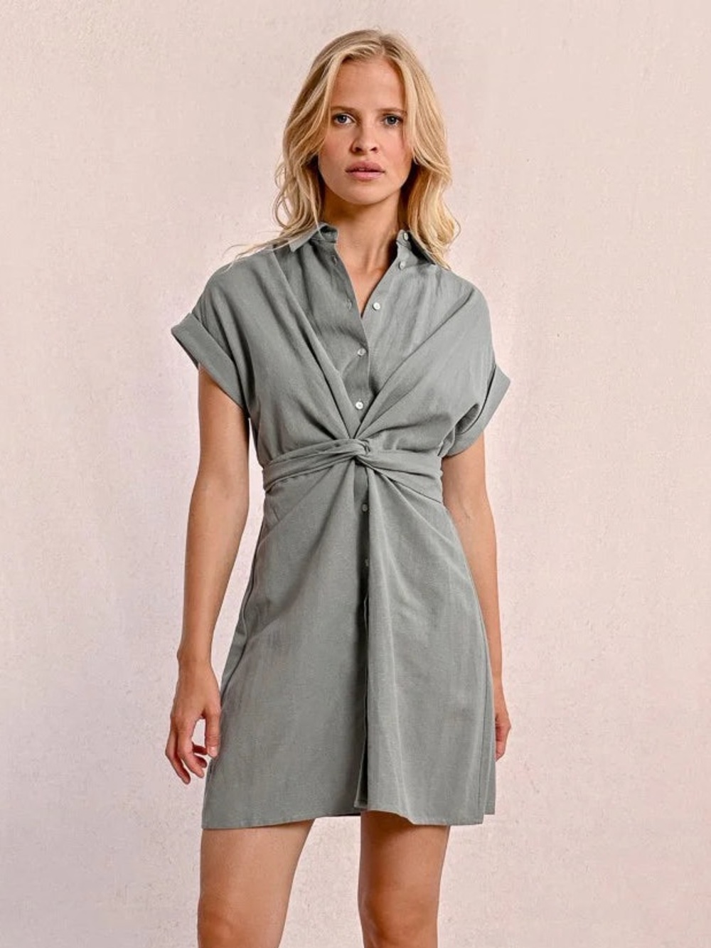 Molly Bracken Sage Green Collared Shirt Midi Dress with Waist Tie